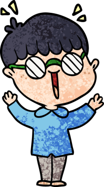 Bir insan tarafından çizilmiş gözlük takan çizgi film çocuğu.