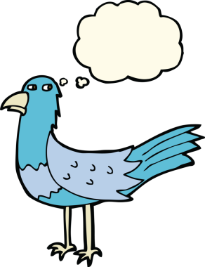 Bir insan tarafından çizilmiş düşünce baloncuklu çizgi film kuşu.