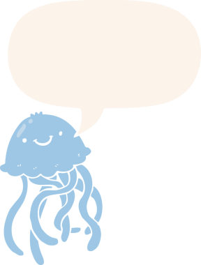 çizgi film mutlu denizanası konuşma baloncuğu ile retro tarzı bir insan tarafından çizilmiş