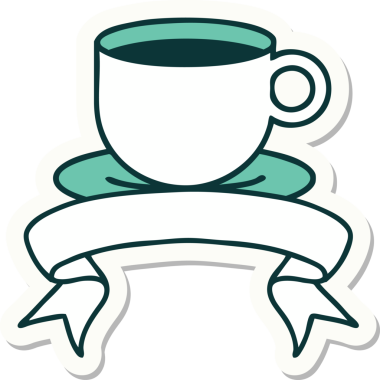 Bir insan tarafından çizilmiş bir fincan kahvenin pankartına sahip dövme stili.