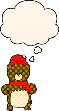 Bir insan tarafından çizilmiş çizgi roman tarzında düşünce baloncuğu olan sevimli çizgi film ayısı.