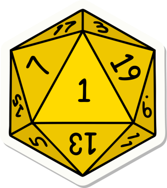 Bir insan tarafından çizilmiş doğal 1 D20 zar etiketi.