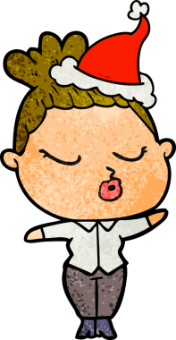 Bir insan tarafından çizilmiş Noel Baba şapkası giyen sakin bir kadının el çizimi karikatürü.