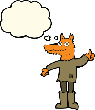 Bir insan tarafından çizilmiş düşünce balonlu tilki adam.