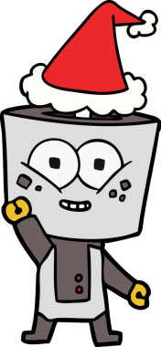 Bir insan tarafından çizilmiş Noel Baba şapkasıyla el sallayan bir robot çizimi.