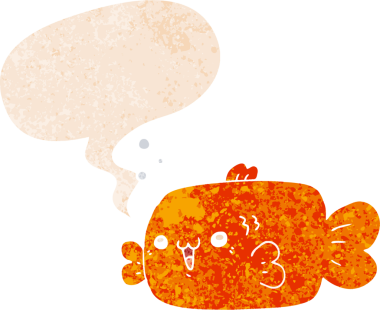 grunge 'da konuşma baloncuğu olan karikatür balığı bir insan tarafından çizilmiş dertli retro stil.