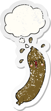 Düşünce baloncuklu mutlu çizgi film sosisi bir insan tarafından çizilmiş yıpranmış bir çıkartma gibi.