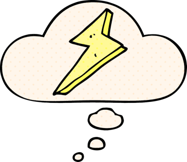 Düşünce baloncuğu olan çizgi film yıldırımı bir insan tarafından çizilmiş.