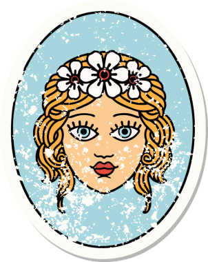 Bir insan tarafından çizilmiş çiçek tacıyla geleneksel bir bakire dövmesi.