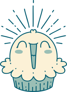 Geleneksel dövme stilinin bir örneği. Bir insan tarafından çizilmiş mutlu şarkı söyleyen kek.