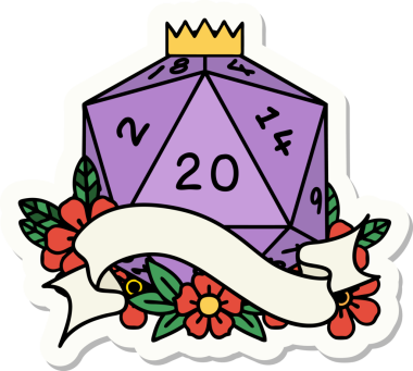 Bir insan tarafından çizilmiş 20 D20 zarının çıkartması.