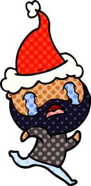 Bir insanın çizdiği Noel Baba şapkasıyla ağlayan sakallı bir adamın el çizimi çizgi roman tasviri.