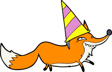 Bir insan tarafından çizilmiş parti şapkalı kurnaz tilki çizgi filmi