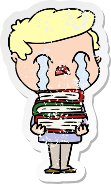 Bir insan tarafından çizilmiş bir yığın kitap için ağlayan bir çizgi film karakterinin sıkıntılı çıkartması.