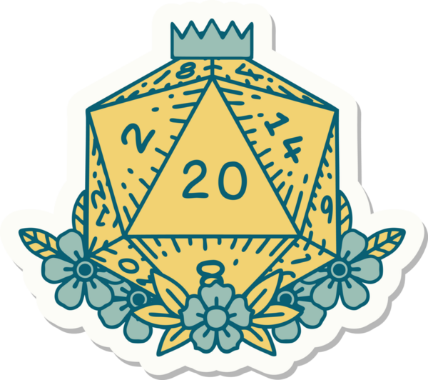 Bir insan tarafından çizilmiş 20 D20 zarının etiketi.