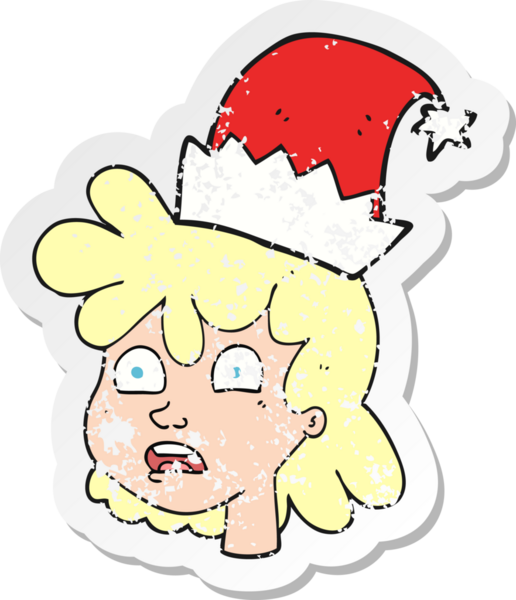 Bir insan tarafından çizilmiş noel şapkası giyen bir karikatür kadının sıkıntılı retro çıkartması.