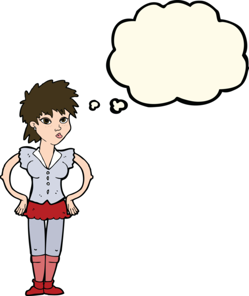 Bir insan tarafından çizilmiş düşünce baloncuğu olan elleri kalçasında çizgi film kadını.