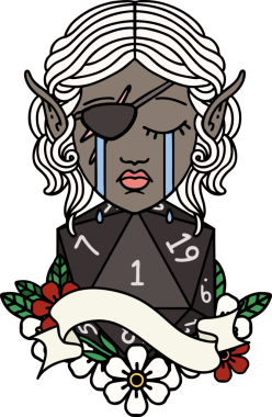 Retro Dövme Tarzı Ağlayan Elf düzenbaz karakter yüzü ve bir insan tarafından çizilmiş doğal bir D20 rulo