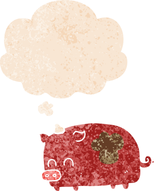 Homurdanan düşünce baloncuğu olan sevimli çizgi film domuzu bir insan tarafından çizilmiş dertli retro dokuma tarzı