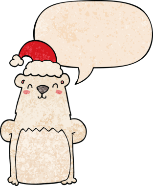 Bir insan tarafından çizilmiş eski moda konuşma baloncuklu Noel şapkası takan çizgi film ayısı.