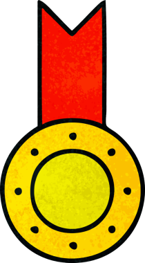 Bir insan tarafından çizilmiş altın madalyanın retro grunge desenli karikatürü