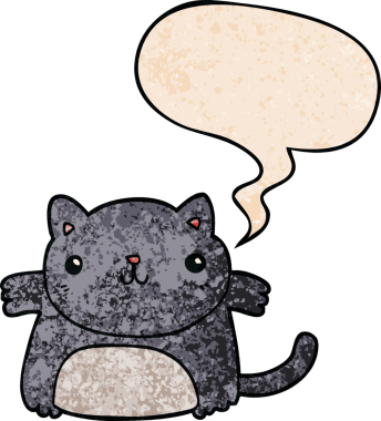 Konuşma baloncuğu olan çizgi film kedisi insan tarafından çizilmiş eski moda dokular.