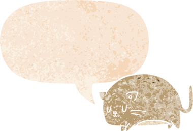 Grunge 'da konuşma baloncuğu olan sevimli çizgi film kedisi bir insan tarafından çizilmiş sıkıntılı retro dokuma tarzı