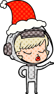 Bir insan tarafından çizilmiş Noel Baba şapkası giyen güzel bir astronot kızın el çizimi çizgi roman çizimi.