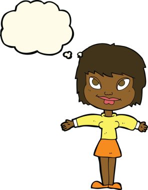 Bir insan tarafından çizilmiş düşünce baloncuğu ile açık amrs çizgi film kadını