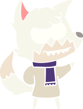 Düz renkli çizgi film. Kış kıyafetleriyle sırıtan tilki. Bir insan tarafından çizilmiş.