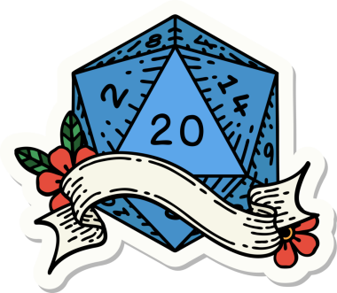 Bir insan tarafından çizilmiş 20 D20 zarının çıkartması.