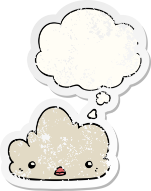 Düşünce baloncuğu olan sevimli çizgi film bulutu bir insan tarafından çizilmiş yıpranmış bir çıkartma gibi.