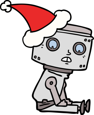 Bir insan tarafından çizilmiş Noel Baba şapkası giyen bir robotun el çizimi.