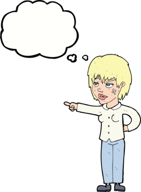 Bir insan tarafından çizilmiş düşünce balonuyla işaret eden çizgi film kadını.