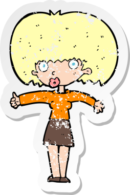 Bir insan tarafından çizilmiş baş parmak işareti veren karikatürlü bir kadının gerilimli retro çıkartması.