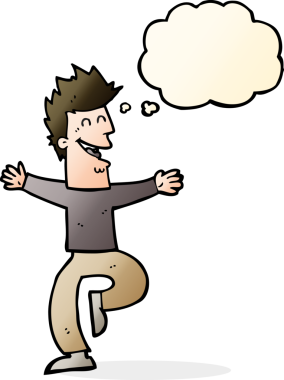 Bir insan tarafından çizilmiş düşünce balonlu gülen adam.