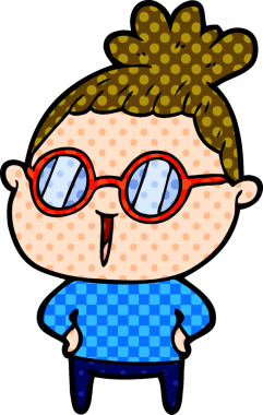 Bir insan tarafından çizilmiş gözlüklü bir karikatür kadın.