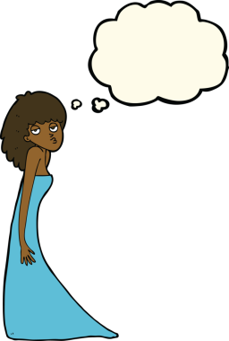 Bir insan tarafından çizilmiş düşünce baloncuğuyla fotoğraf çeken karikatür kadını.