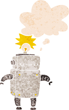 grunge 'da düşünce baloncuğu olan karikatür robotu bir insan tarafından çizilmiş gerilimli retro stil