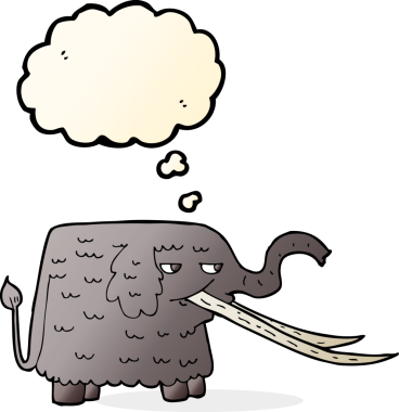 Bir insan tarafından çizilmiş düşünce baloncuklu yünlü mamut çizgi filmi.