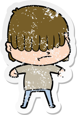 Bir insan tarafından çizilmiş dağınık saçlı bir çizgi film çocuğunun sıkıntılı çıkartması.