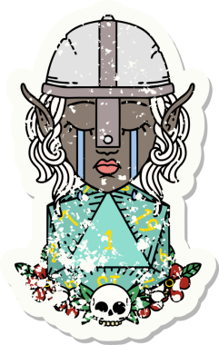 Retro Tattoo Tarzı Üzgün Elf Savaşçısı Karakteri Bir insan tarafından çizilmiş d20 ruloyla