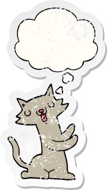 Düşünce baloncuğu olan çizgi film kedisi insan tarafından çizilmiş yıpranmış bir çıkartma.