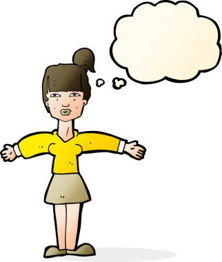 Bir insan tarafından çizilmiş düşünce baloncuğuyla omuz silken çizgi film kadını.