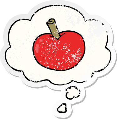 Düşünce baloncuklu çizgi film elması bir insan tarafından çizilmiş yıpranmış bir çıkartma gibi.