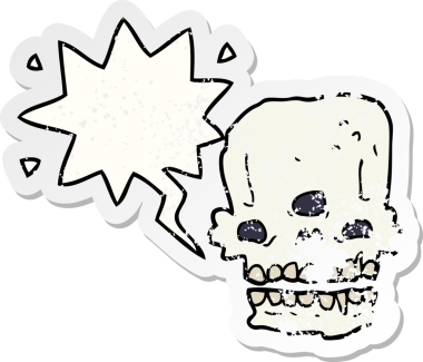 Bir insan tarafından çizilmiş, sıkıntılı, eski bir çıkartma olan, konuşma baloncuklu, karikatürlü korkunç kafatası.