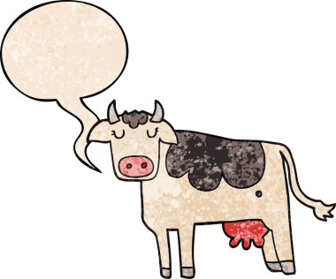 Bir insan tarafından çizilmiş eski moda konuşma baloncuklu çizgi film ineği.