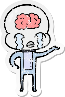 Bir çizgi filmin sıkıntılı çıkartması. Bir insan tarafından çizilmiş büyük beyinli uzaylı ağlaması.