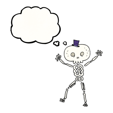 El yazısıyla çizilmiş düşünce balonu bir insan tarafından çizilmiş karikatür dans iskeleti.