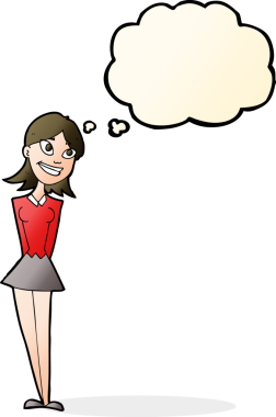 Bir insan tarafından çizilmiş düşünce balonlu mutlu kadın çizgi filmi.